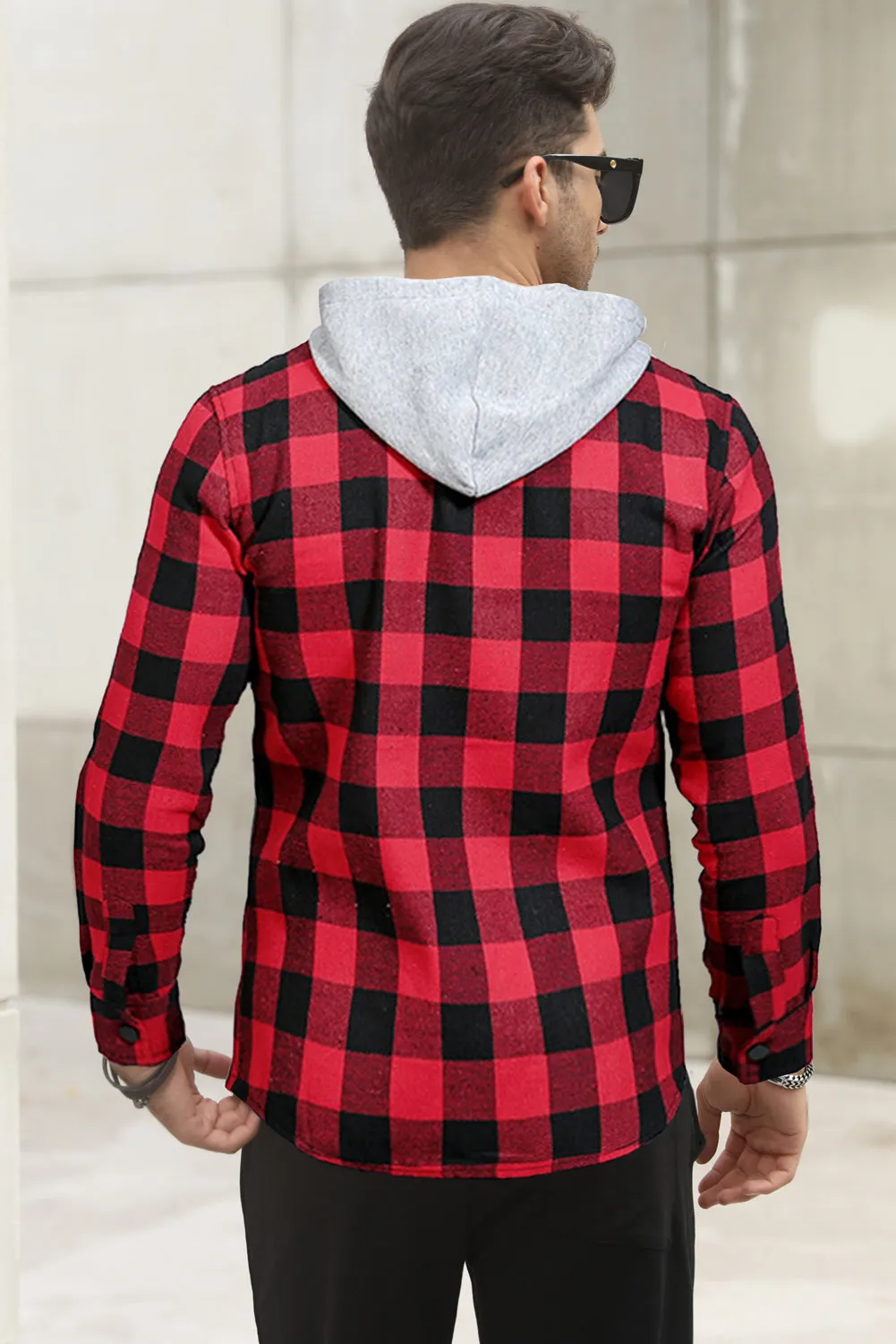 Fiery Red Plaid Printed Mens Hooded Shacket