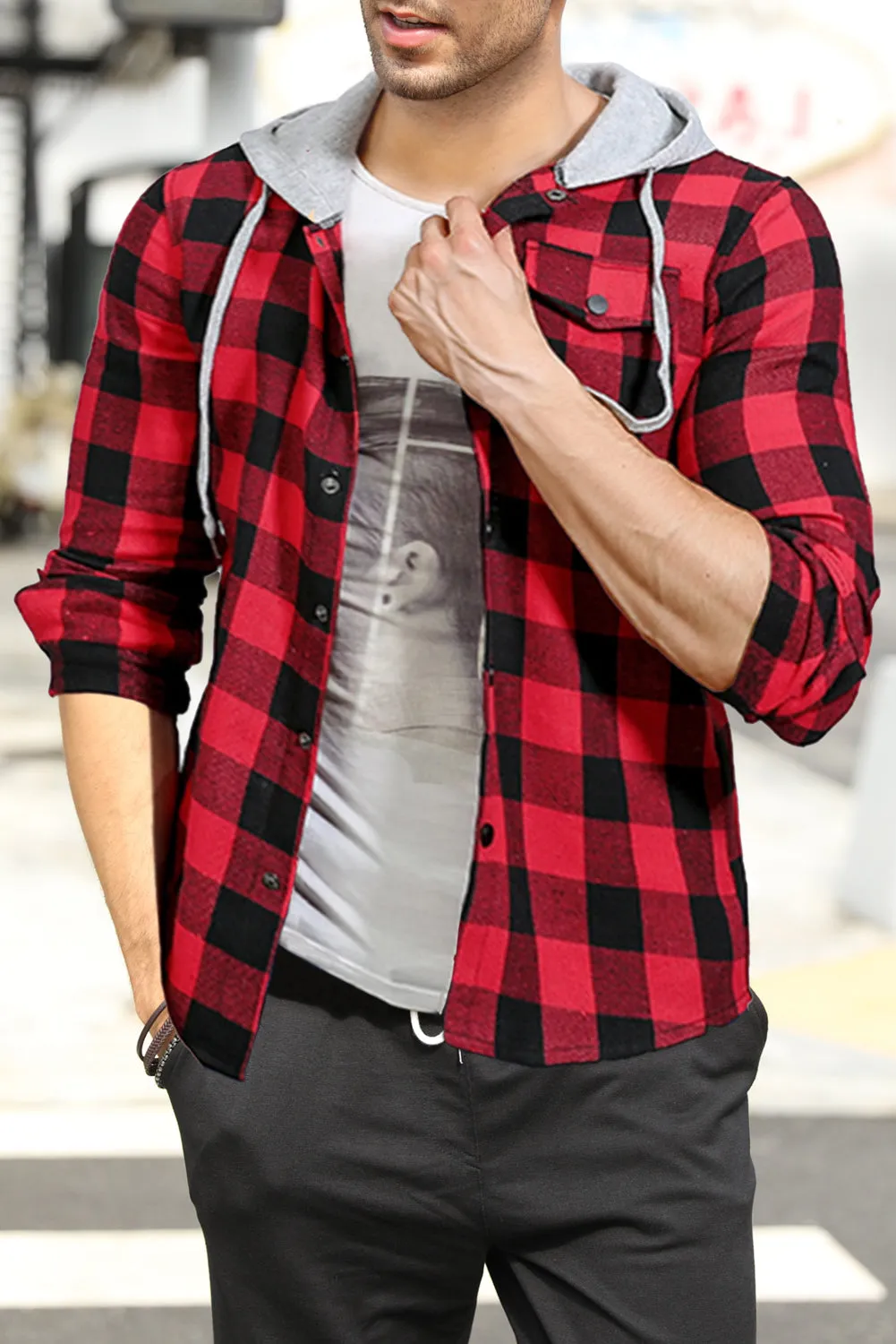 Fiery Red Plaid Printed Mens Hooded Shacket