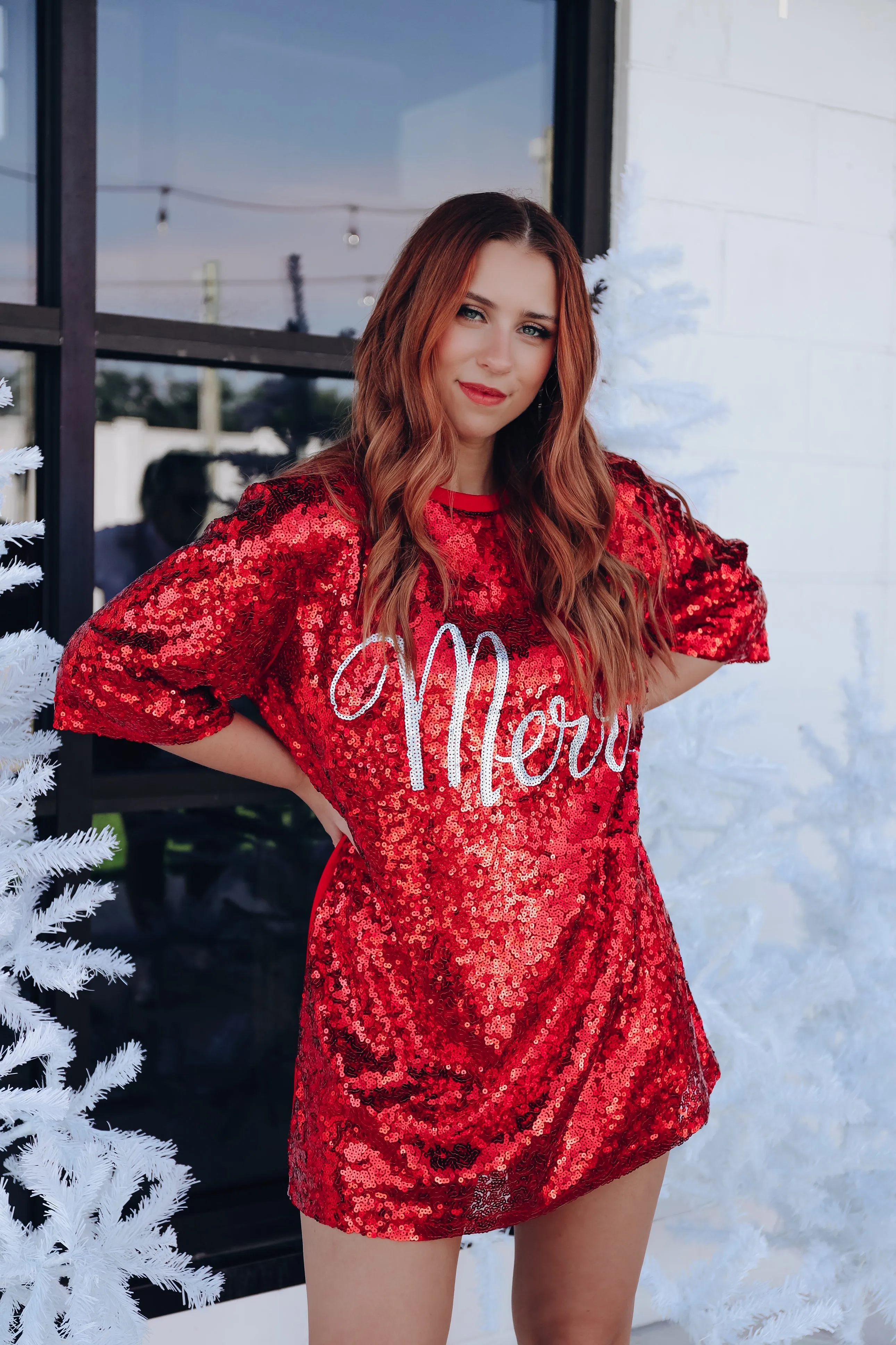 Merry Sequin T-Shirt Dress - Red