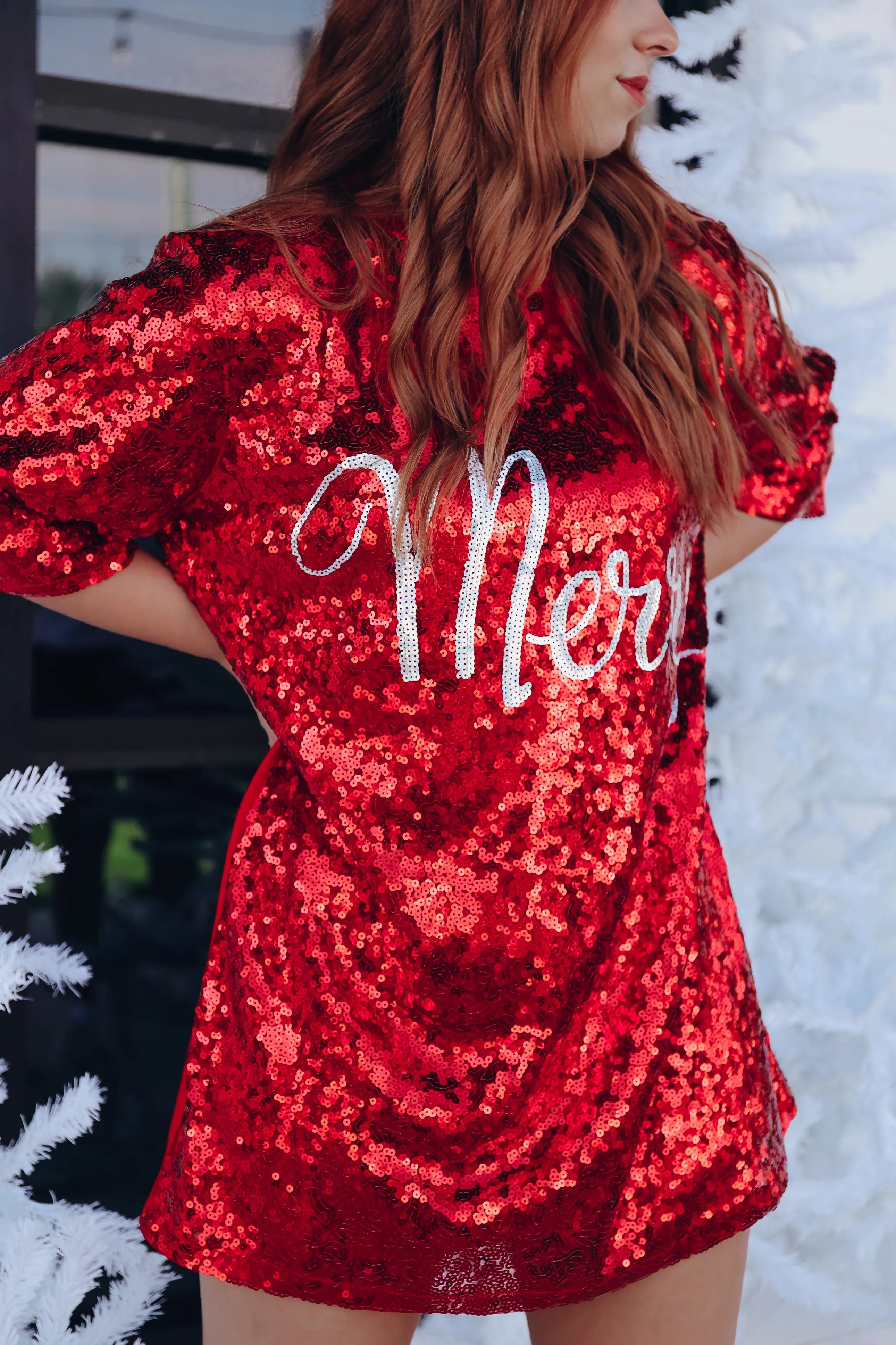 Merry Sequin T-Shirt Dress - Red