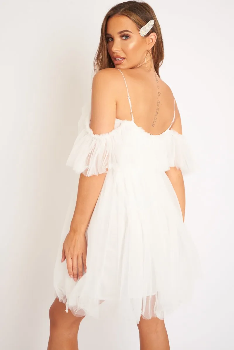 White Bardot Off Shoulder Tulle Ruffle Dress - Aarilyn