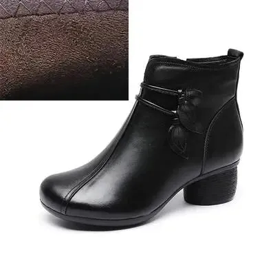 Women's Thick Heel Ankle Boots Autumn Winter Warm Boots Handmade Genuine Leather Flowers Zipper Retro Boots with Short Plush Lining