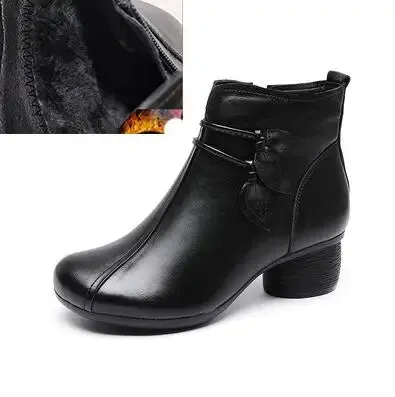 Women's Thick Heel Ankle Boots Autumn Winter Warm Boots Handmade Genuine Leather Flowers Zipper Retro Boots with Short Plush Lining